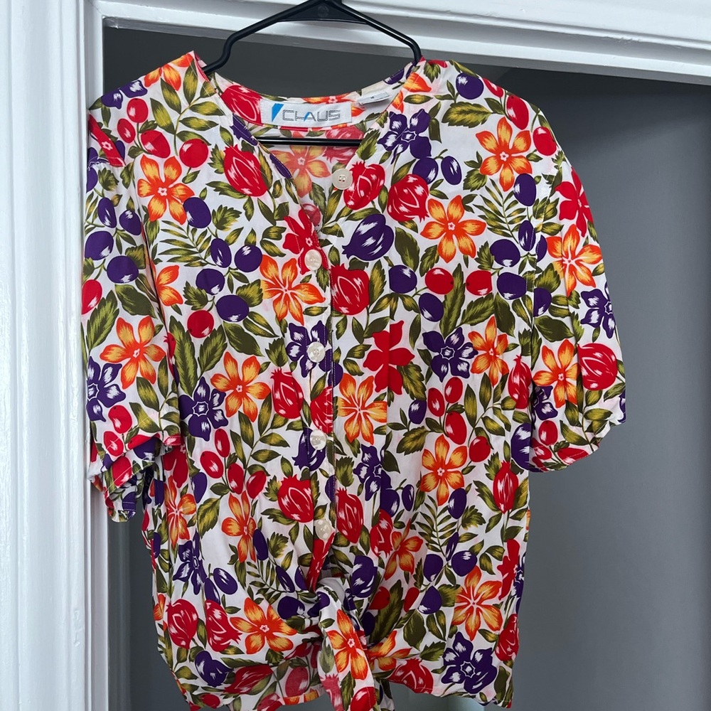 Chaus Vibrant Floral Tie-Front Blouse - Red, Purple, Green